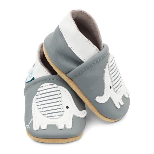 Dotty Fish grey leather soft sole unisex infant shoes with white ankle trim and white and grey stripe elephant design.