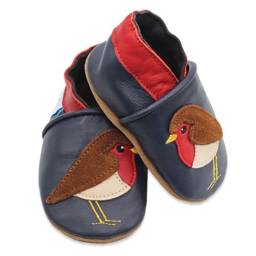 Dotty Fish navy blue leather soft sole unisex infant shoes with red ankle trim and brown and red robin design.