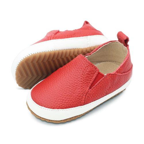 Red leather Dotty Fish first walker rubber sole slip-on shoes for girls and boys.