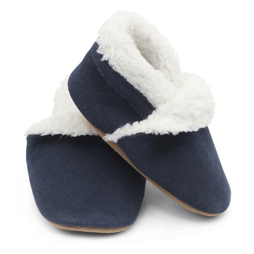 Dotty Fish navy suede infant soft sole barefoot slippers, with fluffy fleece lining.