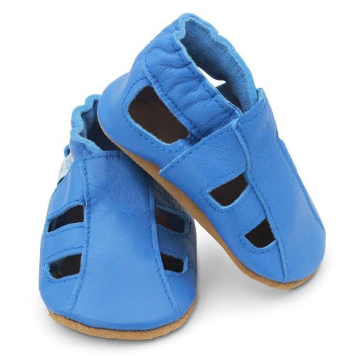 Dotty Fish blue leather infant soft sole barefoot sandals, for boys and girls.