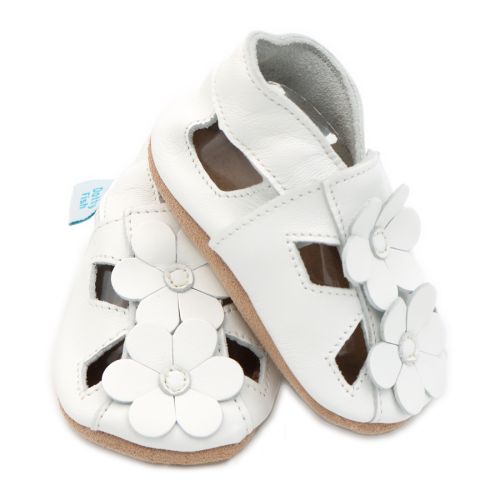 Dotty Fish white leather infant soft sole barefoot sandals with white flowers, for girls.