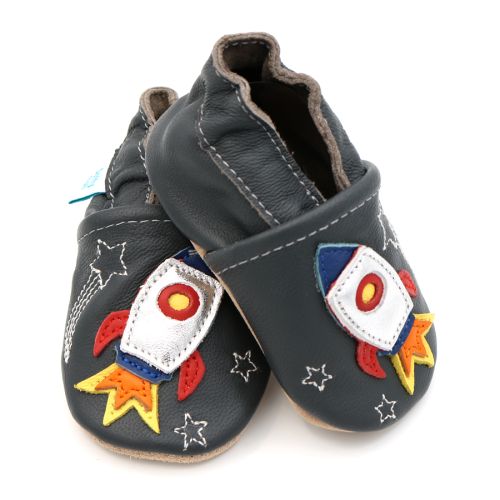 Charcoal Dotty Fish soft sole infant shoes with silver, red and blue space rocket design.