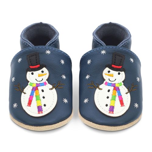 Navy leather Dotty Fish soft sole baby and toddler first walker shoes for boys and girls, with white snowman wearing black hat and embroidered rainbow scarf design.