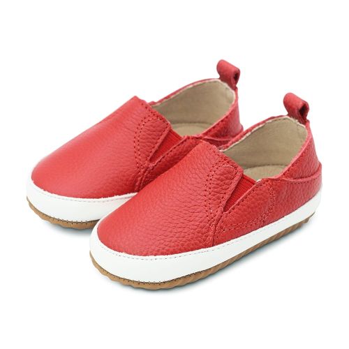 Dotty Fish red leather pre-walker rubber sole slip-on shoes.