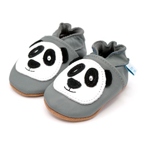Grey leather Dotty Fish soft sole pre-walker shoes with white and black panda shoes.