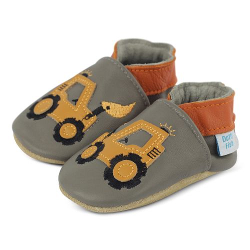 Grey Dotty Fish soft sole pre-walker shoes with orange ankle trim and yellow digger design.