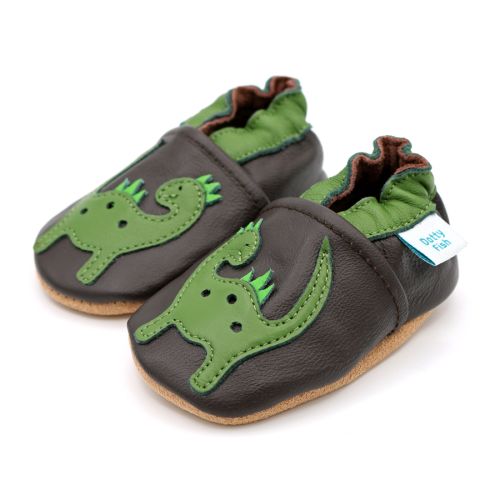 Brown Dotty Fish soft sole pre-walker shoes with green ankle trim and dinosaur design.
