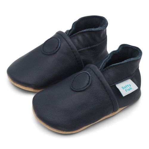 Plain navy leather Dotty Fish soft sole pre-walker shoes.