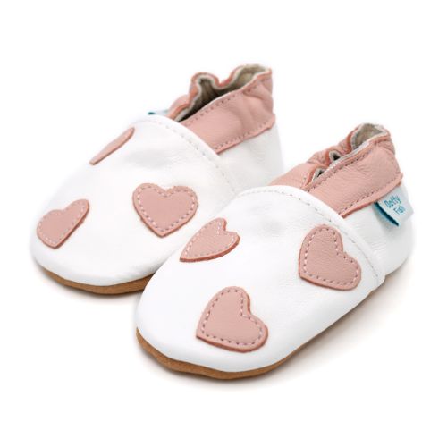 White leather Dotty Fish soft sole pre-walker shoes with pink ankle trim and pink hearts.