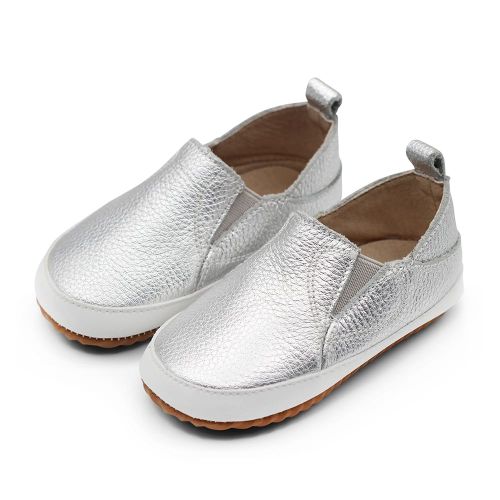 Unisex first walker slip-on shoes in silver leather with rubber sole.