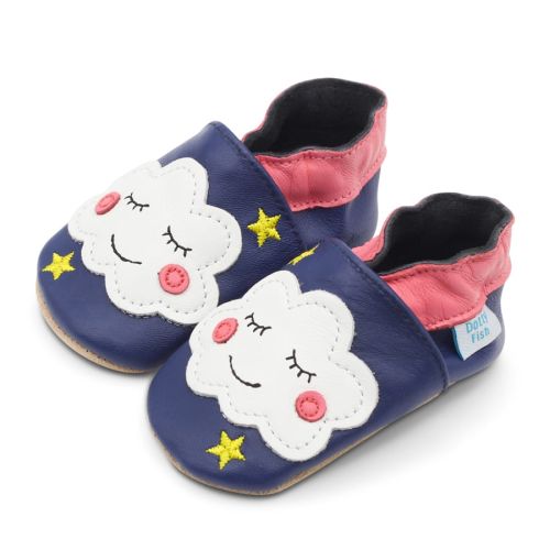 Blue leather Dotty Fish soft sole pre-walker shoes with pink ankle trim, white cloud and yellow embroidered stars.
