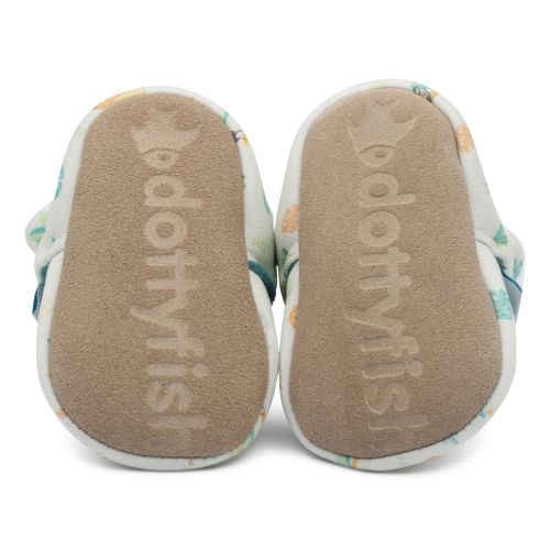 Soft, non-slip sole of baby booties, imprinted with Dotty Fish logo.
