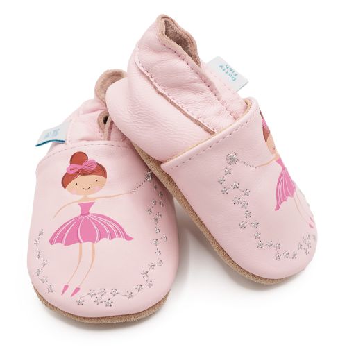Dotty Fish pink leather soft sole infant girl’s barefoot shoes with pink ballerina and silver embroidered stars.