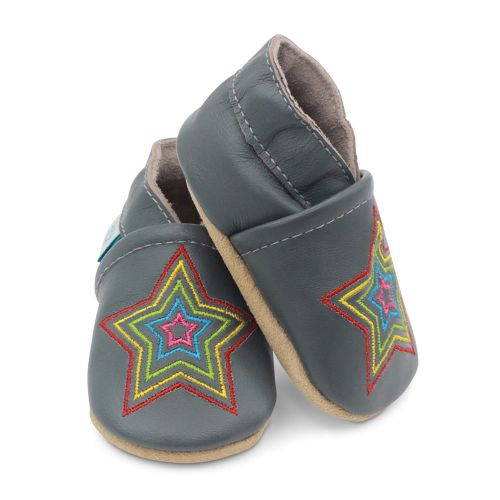 Dotty Fish charcoal grey leather soft sole unisex infant shoes with embroidered rainbow star design.