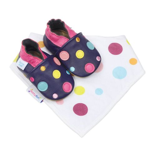 Navy Dotty Fish soft sole shoes with pink ankle trim and multicoloured spots, with a matching white bib with spots pattern.