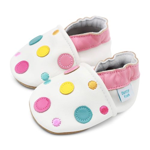 White leather Dotty Fish soft sole pre-walker shoes with pink ankle trim and multicoloured spots.