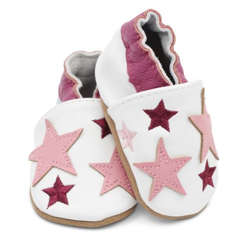 Dotty Fish white leather soft sole infant girl’s barefoot shoes with pink ankle trim and pink stars.