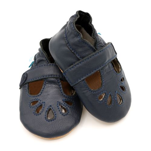 Dotty Fish navy leather infant soft sole barefoot T-bar shoes.