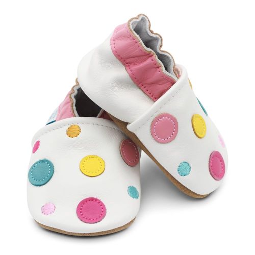 Dotty Fish white leather soft sole infant girl’s barefoot shoes with pink ankle trim and multicoloured spots.