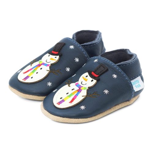 Navy leather Dotty Fish soft sole pre-walker shoes with white snowman wearing black hat and embroidered rainbow scarf design.