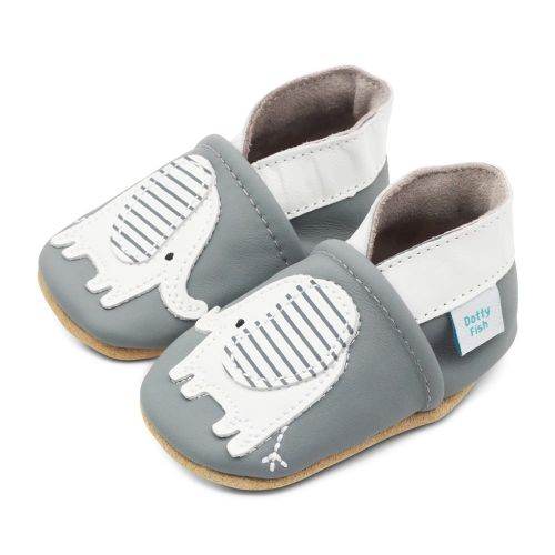 Grey leather Dotty Fish soft sole pre-walker shoes with white ankle trim and white and grey stripe elephant design.