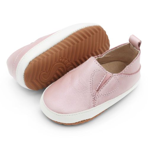 Pink leather Dotty Fish first walker rubber sole slip-on shoes for girls.