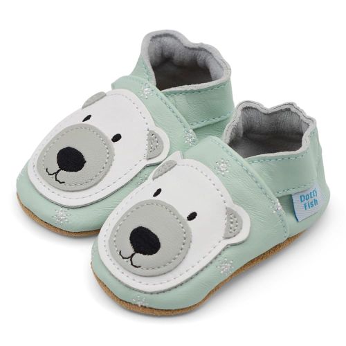 Ice blue leather Dotty Fish soft sole pre-walker shoes with white polar bear design.