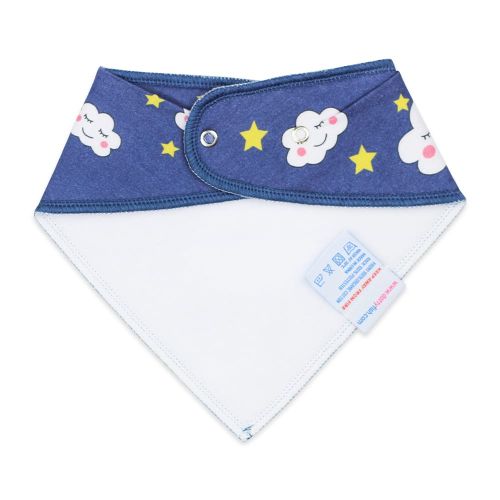 White fleece backing of cotton Dotty Fish cloud bandana bib, for infant girls and boys.
