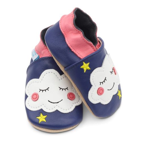 Dotty Fish blue leather soft sole infant girl’s barefoot shoes with pink ankle trim, white cloud and yellow embroidered stars.
