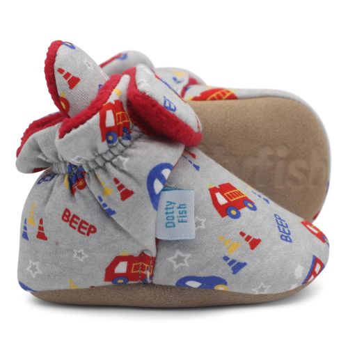 Grey cotton Dotty Fish baby booties with red fleece lining and vehicle pattern.