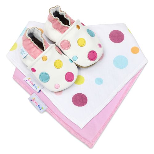 Dotty Fish baby gift set including white leather shoes with multicoloured spots, a pink cotton bib and a colourful spotty cotton bib.
