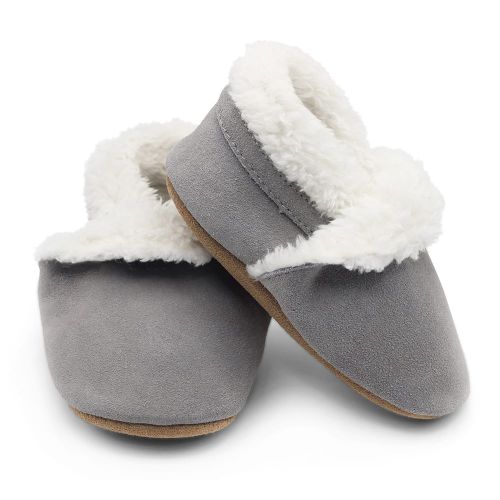 Dotty Fish light grey suede infant and children’s soft sole barefoot slippers, with fluffy fleece lining.