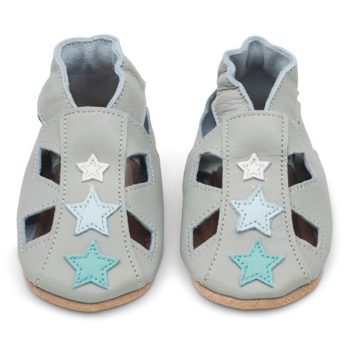 Grey leather Dotty Fish baby and toddler first walker soft sole sandals with blue stars.