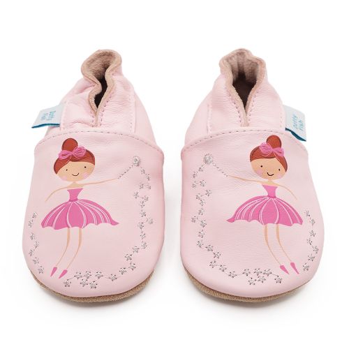 Pink leather Dotty Fish baby and toddler first walker shoes for girls with pink ballerina and silver embroidered stars.