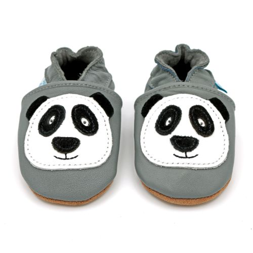 Grey leather Dotty Fish soft sole baby and toddler first walker shoes for boys and girls, with white and black panda design.