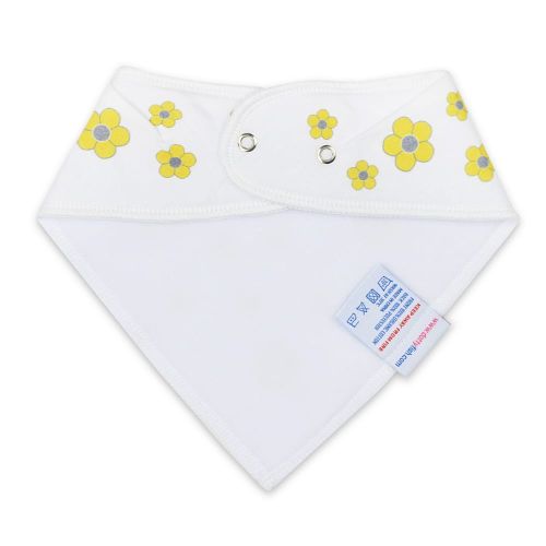 White fleece backing of cotton Dotty Fish yellow flower bandana bib, for infant girls and boys.