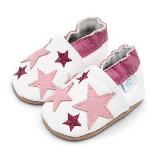 White leather Dotty Fish soft sole pre-walker shoes with pink ankle trim and pink stars.
