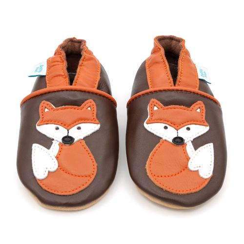 Brown leather Dotty Fish soft sole baby and toddler first walker shoes for boys and girls, with orange ankle trim and orange and white fox design.
