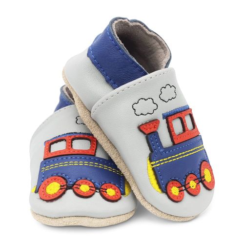 Pale grey Dotty Fish soft sole infant shoes with blue ankle trim and blue and red train design.