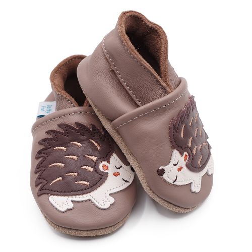 Dotty Fish light brown leather soft sole unisex infant shoes with brown and cream hedgehog design.