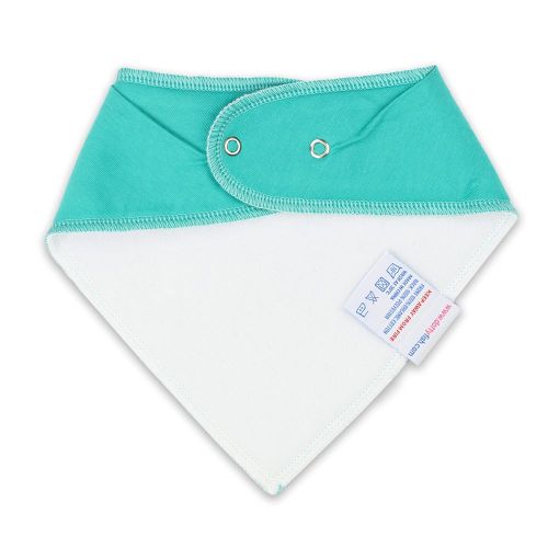 White fleece backing of teal cotton Dotty Fish bandana bib, for infant girls and boys.