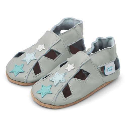 Dotty Fish grey leather infant soft sole barefoot sandals with blue stars, for boys.