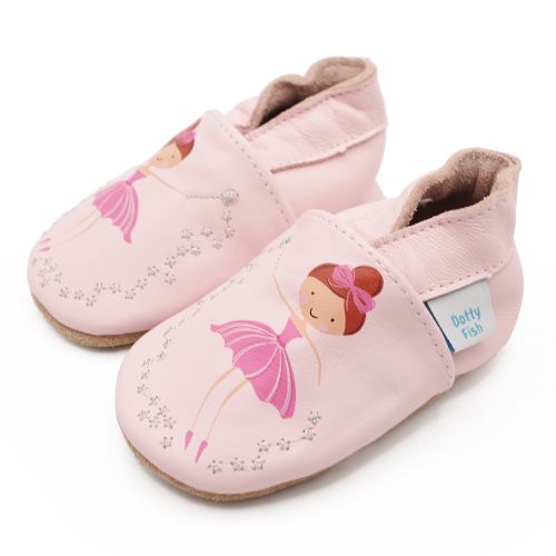 Pink leather Dotty Fish soft sole pre-walker shoes with pink ballerina and silver embroidered stars.