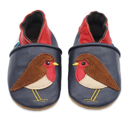 Navy leather Dotty Fish soft sole baby and toddler first walker shoes for boys and girls, with red ankle trim and brown and red robin design.