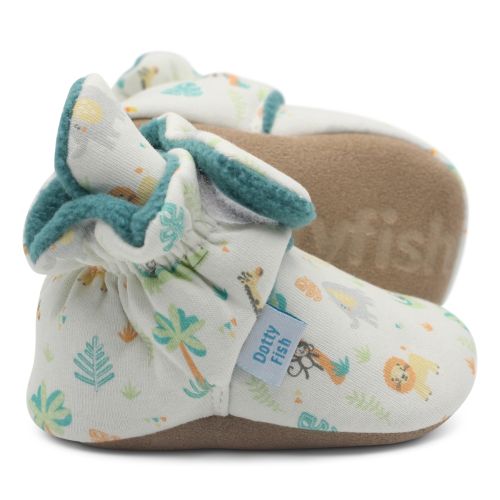 Cream cotton booties with green fleece lining and safari animal pattern.