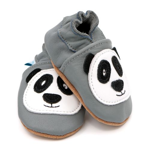 Dotty Fish grey leather soft sole unisex infant shoes with white and black panda design.