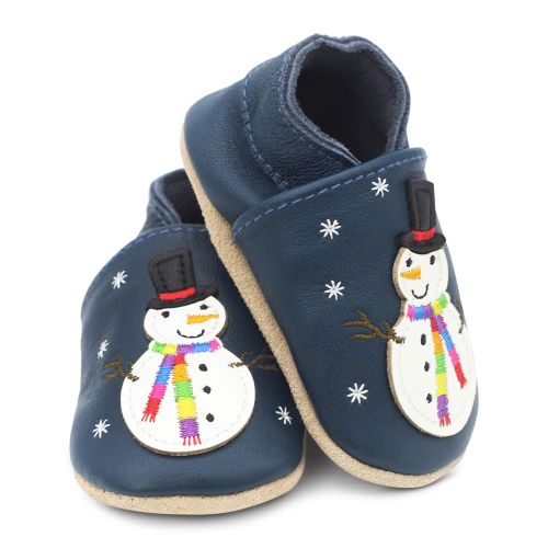  Dotty Fish navy blue leather soft sole unisex infant shoes with white snowman wearing black hat and embroidered rainbow scarf design.