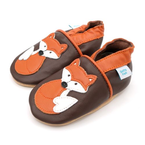 Brown leather Dotty Fish soft sole pre-walker shoes with orange ankle trim and orange and white fox design.