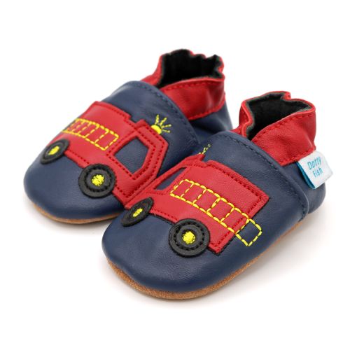 Navy blue Dotty Fish soft sole pre-walker shoes with red ankle trim and red fire engine design.